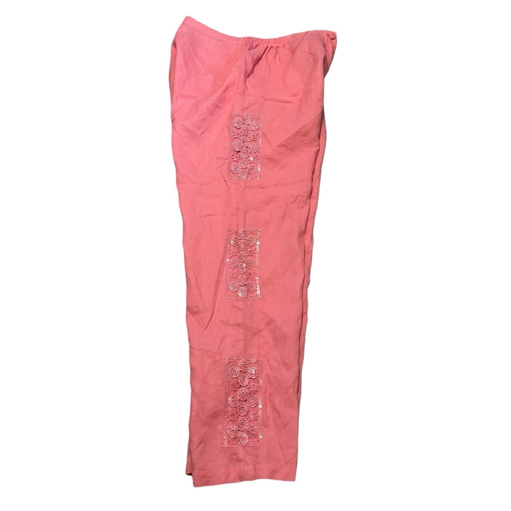 Women’s Linen Pants Trousers Sequins Patchwork Lined Coral Sz 14